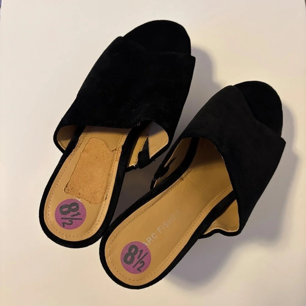 Marc Fisher Suede Leather Chunky Cork Platform Wedge Heel Sandals Black US 8.5